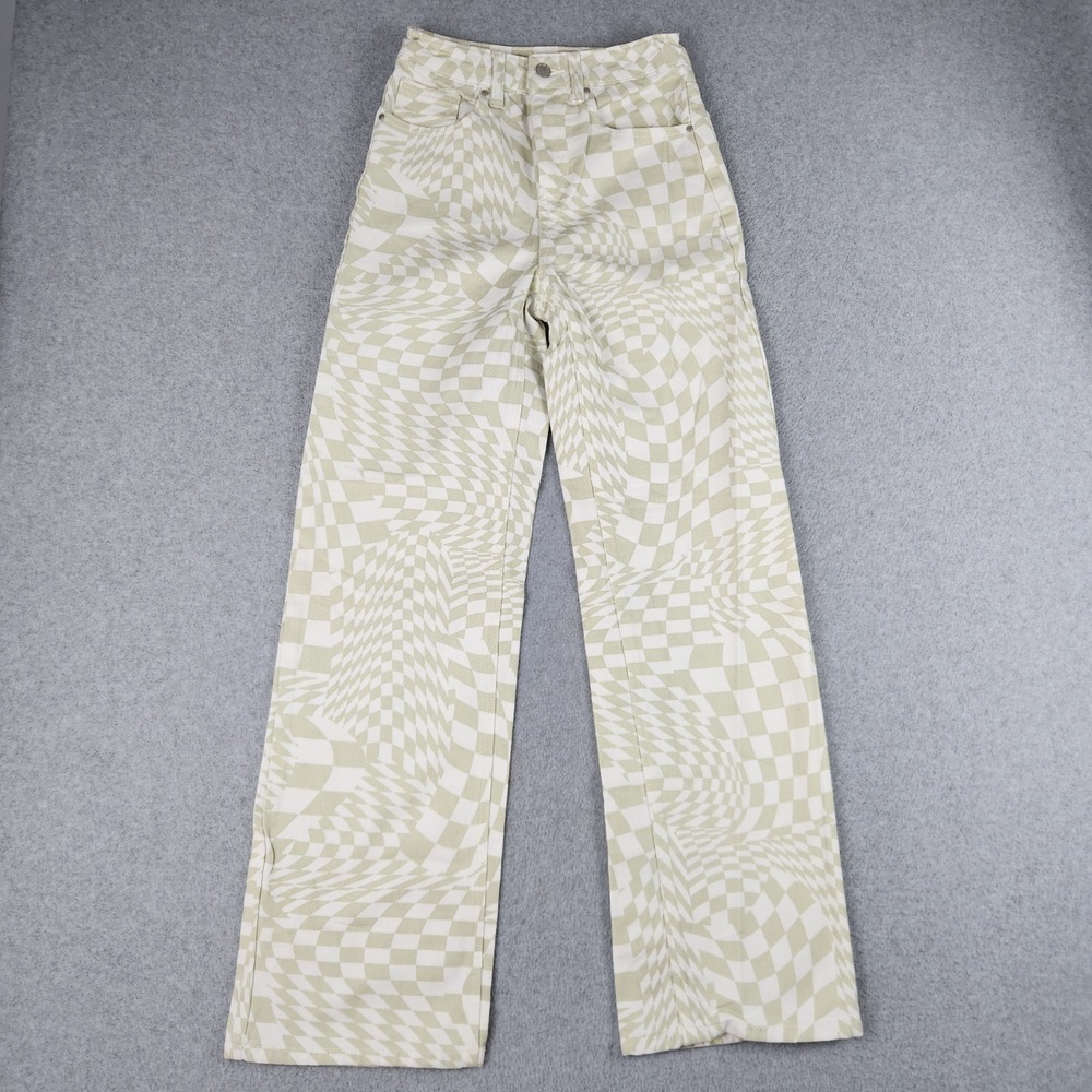 RSQ Jeans Womens 24 Green Denim Cotton Warped Checkerboard High Rise Wide Leg